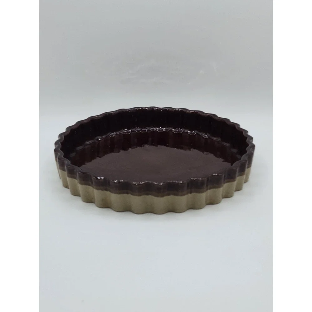 Vintage Brown Glazed Stoneware Quiche Tart Pan Fluted Ceramic Baking‎ Dish 9.5